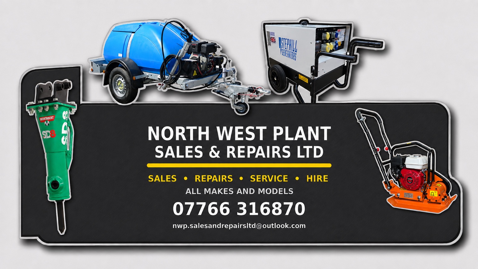 North West Plant equipment including a hydraulic breaker, water bowser, generator and compactor